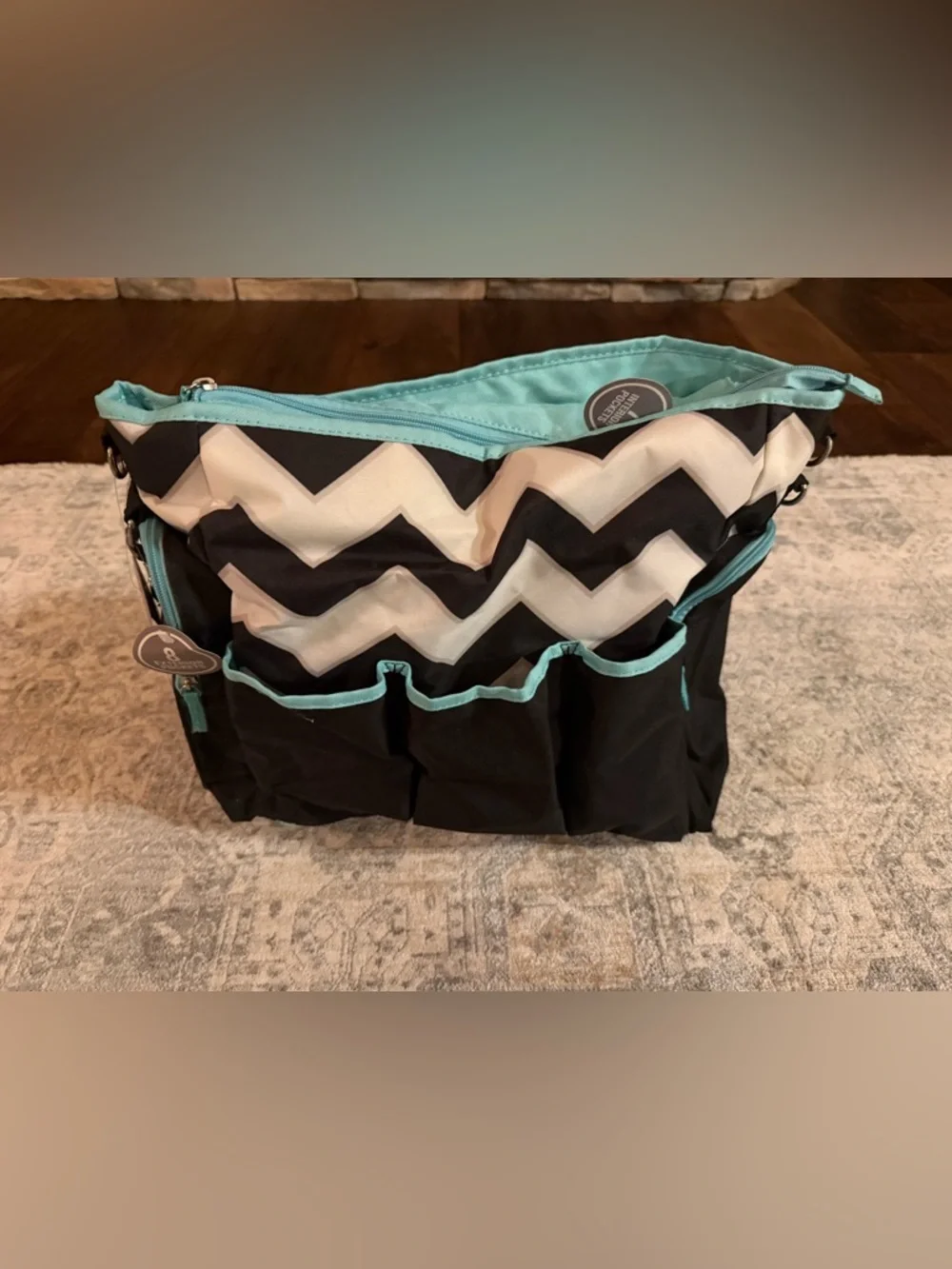 Chevron Baby Bag Organizer Tote in Black, White & Aqua
